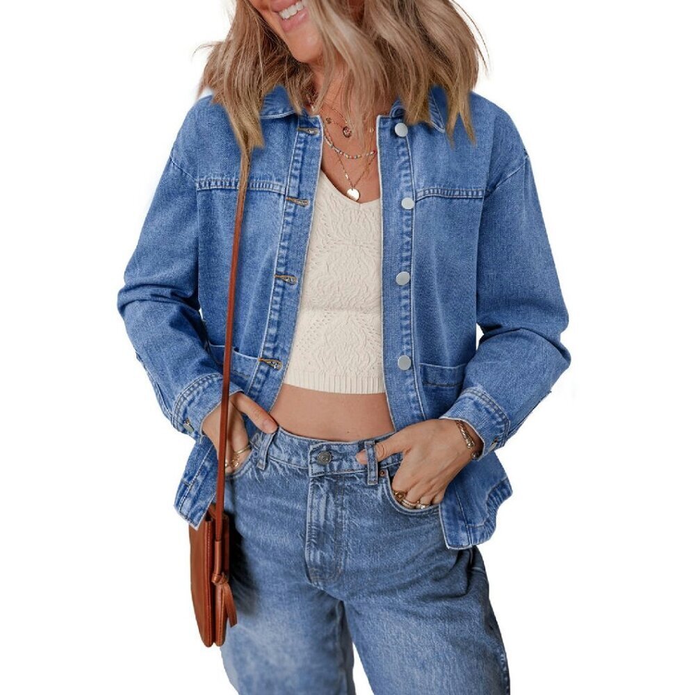 Oversized Denim Jacket Women's 75% Cotton Boyfriend Fit Button Down
